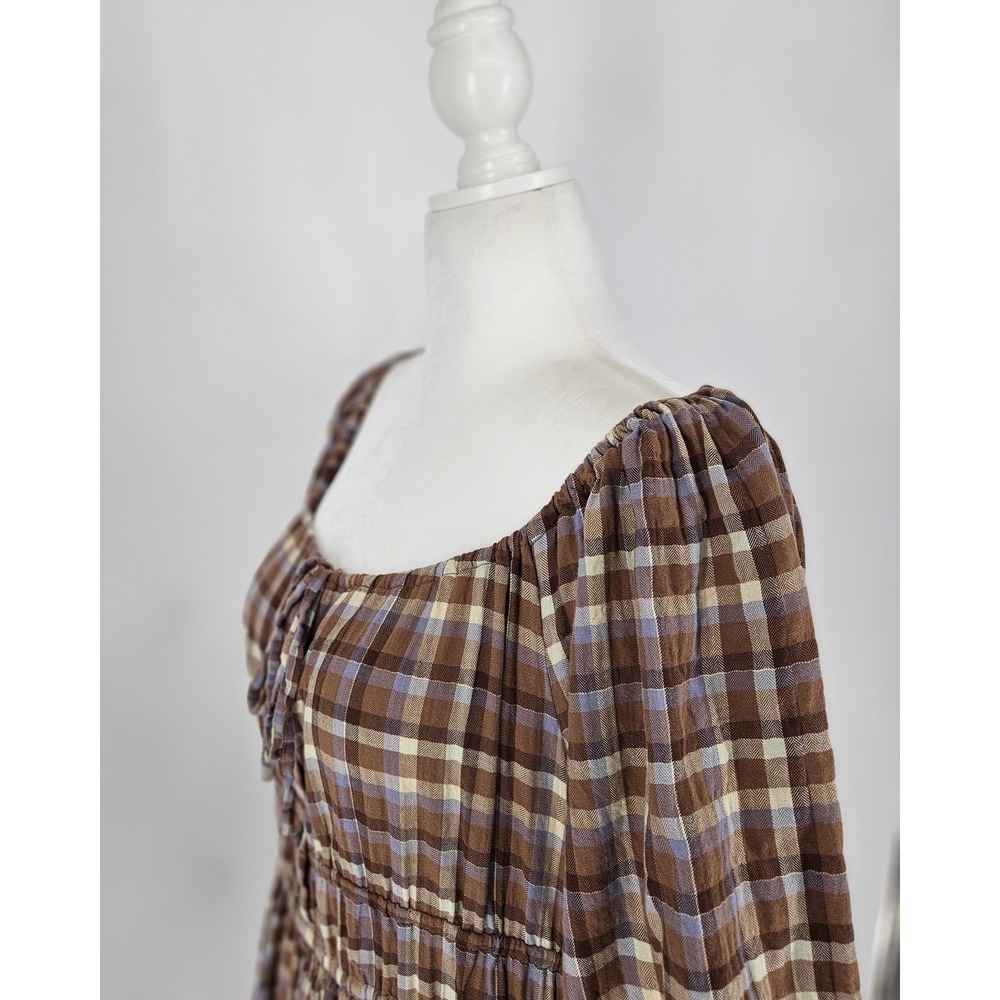Madewell Brown Plaid Smocked Waist Midi Dress Puff Sleeve Cotton Blend Medium - Picture 4 of 11